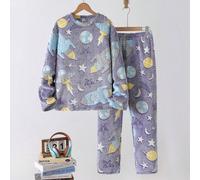 Set pigiama da 2 pezzi per ragazzi adolescenti, composto da maglia a girocollo a maniche lunghe e pantaloni, con stampe di astronavi, razzi e pianeti che brillano al buio, adatto per uso quotidiano e