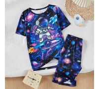 Set pigiama da 2 pezzi per ragazzi adolescenti, composto da t-shirt a maniche corte con stampa astronauta e pianeta che brillano al buio e pantaloncini, in colore nero minimalista 14Y,13Y,16Y,15YFumet
