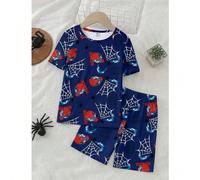 Set pigiama da 2 pezzi per ragazzi giovani, con grafica di supereroi e ragno, girocollo, maniche corte, pantaloncini, in tessuto maglia elastico, comodo e morbido, blu navy 6Y,7Y,8Y,4Y,5YFumetto,Geome