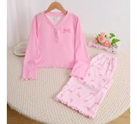 Set pigiama da casa 2 pezzi per bambina pre-adolescente, stile carino e dolce, minimalista, con stampa cartoni animati di orsetto, fiocco e pois, scollo a V, abbottonatura frontale parziale, volant, m