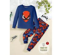 Set pigiama da casa 2 pezzi per bambino, stile cartone animato supereroe ragno fosforescente, base blu navy con stampa fluorescente rossa e blu, in tessuto a maglia morbido e confortevole, vestibilità