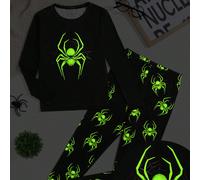 Set pigiama da casa 2 pezzi per ragazzo tween, maglietta a maniche lunghe aderente con girocollo e motivo ragno verde neon, pantaloni lunghi, morbido e confortevole 8Y,9Y,10Y,11Y,12YHalloweenTessuto i