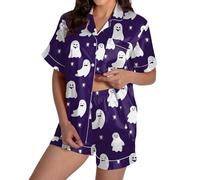 Set pigiama da donna 2 pezzi biancheria da notte lingerie donna grafica stampata raso bottoni carino manica corta top pantaloncini pigiama set abbigliamento da notte abiti, Viola, XL