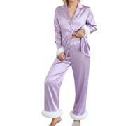 Set pigiama da donna 2 pezzi biancheria intima da donna abbigliamento quotidiano per la famiglia top a maniche lunghe pantaloni camicia pantaloni set biancheria intima vestiti, Viola, L