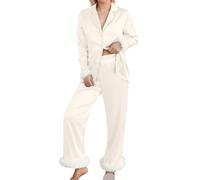 Set pigiama da donna 2 pezzi biancheria intima da donna abbigliamento quotidiano per la famiglia top a maniche lunghe pantaloni camicia pantaloni set biancheria intima vestiti, Beige, S