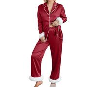 Set pigiama da donna 2 pezzi biancheria intima da donna abbigliamento quotidiano per la famiglia top a maniche lunghe pantaloni camicia pantaloni set biancheria intima vestiti, Rosso, XL
