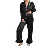 Set pigiama da donna 2 pezzi biancheria intima da donna abbigliamento quotidiano per la famiglia top a maniche lunghe pantaloni camicia pantaloni set biancheria intima vestiti, Nero , L