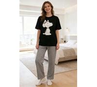 Set pigiama da donna, 2 pezzi, maglietta a maniche corte e pantaloni a scacchi, abbigliamento da casa in morbido misto cotone per una comoda biancheria da notte, nero