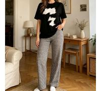 Set pigiama da donna, 2 pezzi, nero, a maniche corte, pigiama estivo da donna con pantaloni scozzesi