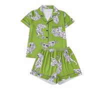 Set pigiama da donna 2026 con stampa a maniche corte e pantaloncini in tessuto di seta di latte, per andare a dormire, rilassarsi a casa e serate rilassanti, Verde, M