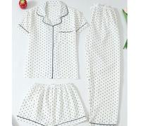 Set pigiama da donna 3 pezzi con top a maniche corte con colletto e stampa a mini pois nero, bianco e rosa, e pantaloni lunghi/pantaloncini con fiocco, comodo, autunno/inverno L,M,S,XLGeometricoTessut