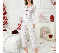 Set pigiama da donna a costine, camicia a maniche lunghe e pantaloni lunghi con volant morbidi, 2 pezzi