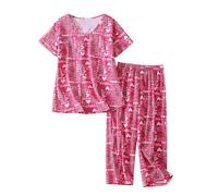 Set pigiama da donna a maniche corte con pantaloni capri, biancheria da notte per donne sotto i 10 anni, Rosso, 3XL
