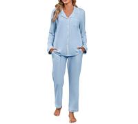 Set pigiama da donna a maniche lunghe in cotone, con bottoni, classico pigiama a tinta unita con tasche, abbigliamento casual da notte, per tutto l'anno, Azzurro, M