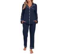 Set pigiama da donna a maniche lunghe in cotone, con bottoni, classico pigiama a tinta unita con tasche, abbigliamento casual da notte, per tutto l'anno, Blu scuro, M