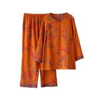 Set pigiama da donna a maniche lunghe in cotone morbido, abbigliamento da notte a maniche lunghe e pantaloni a gamba larga, stile classico, vintage, 2 pezzi, per tutto l'anno, Arancione, XXL