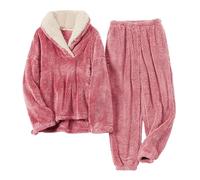 Set pigiama da donna a maniche lunghe invernale caldo pigiama - Set da casa per le donne in caldo pile a maniche lunghe con risvolto top e pantaloni da jogging tinta unita set pigiama casual in