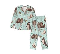 Set pigiama da donna accogliente e traspirante, rilassati con stile con colletto classico e cintura elastica bassotto cane autobus estivo palme, Cartone animato lontra carino, XL