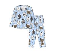 Set pigiama da donna accogliente e traspirante, rilassati con stile con colletto classico e cintura elastica bassotto cane autobus estivo palme, Cincillà blu e luna, M