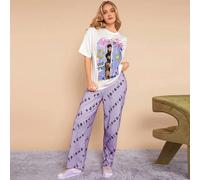 Set pigiama da donna casual con top bianco ampio con stampa di ritratti e lettere, e pantaloni ampi con stampa di logo e lettere L,M,S,XL,XS,XXL,XXS,XXXL,XXXXLGeometricoTessuto in maglia