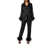 Set pigiama da donna con bordura di piume, maniche lunghe, abbottonatura frontale, colletto a risvolto, top + pantaloni, set per dormire in raso di seta, abbigliamento per il relax, Nero , XL