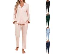 Set pigiama da donna con bottoni, a maniche lunghe, in cotone, classico, con bottoni, tinta unita, con tasche, casual, da casa, da notte, per tutto l'anno, Rosso, XXL