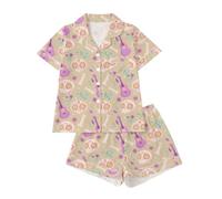 Set pigiama da donna con colletto a risvolto, maniche corte e pantaloncini, con stampa all-over, taglio per ogni stagione, materiale facile da pulire, lavabile a mano e in lavatrice (cachi, S)