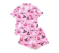 Set pigiama da donna con colletto stampato a maniche corte e pantaloncini in tessuto traspirante europeo e stile rosa alla moda e confortevole set completo per la casa, rosa, XXL