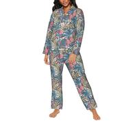 Set pigiama da donna, con foglie di palma dipinte, pappagallo, pigiama, pigiama da donna, con tasche, Nero, L