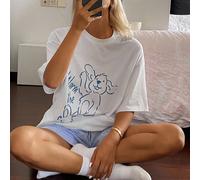 Set pigiama da donna con maglietta larga con stampa di cuccioli carini e pantaloncini a righe L,M,SFumetto,HalloweenTessuto in maglia,Tessuto intrecciato