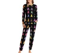 Set pigiama da donna con nastro colorato per la sensibilizzazione sul cancro al seno, top a maniche lunghe e pantaloni morbidi pigiameria 2 pezzi pigiama, Stile:, L