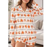 Set pigiama da donna con orsacchiotto, a maniche lunghe, con bottoni e pantaloncini, set da notte carino stampato per estate e autunno