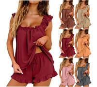 Set pigiama da donna con pantaloncini corti, 2 pezzi, alla moda, senza maniche, scollo quadrato, top con pantaloncini, abbigliamento da notte estivo con volant, abbigliamento casual da notte