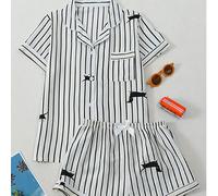 Set pigiama da donna con pantaloncini e maniche corte in crepe a righe con stampa di cuccioli L,M,S,XLGeometricoTessuto intrecciato