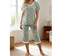 Set Pigiama da Donna con Scollo a V, 2 Pezzi, a Maniche Corte, Top e Pantaloni Capri, con Tasche, Set Casual da Salotto per la casa, più Verde, XX-Large