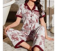 Set pigiama da donna con stampa di animali della foresta, a blocchi di colore, effetto grinzato a bolle L,M,S,XLAnimale,Piante,stampa dappertuttoTessuto intrecciato