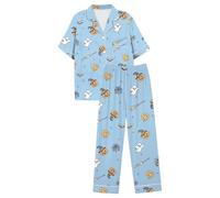 Set pigiama da donna con stampa di Halloween, completo con bottoni, blu | Set da notte per le vacanze di Halloween, pigiama con stampa completa, pigiama morbido e traspirante, con scollo a V