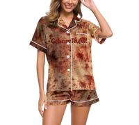 Set pigiama da donna con stampa di lettere macchiate di sangue scollo a V manica corta abbottonatura top con pantaloncini 2 pezzi abbigliamento da notte loungewear per le donne set pigiama da casa, 05