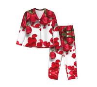 Set pigiama da donna con stampa di petali di rosa rossa, camicia a maniche lunghe alla moda e pantaloni a lunghezza intera, Nero , S