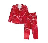Set pigiama da donna con stampa floreale a cuore rosso per San Valentino Set pigiama alla moda a maniche lunghe e pantaloni a lunghezza intera, Nero , S
