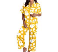 Set pigiama da donna con stampa floreale con bottoni, set di biancheria da notte, comodi pantaloni a maniche corte per Halloween, calze da vacanza a cavallo aperto, giallo., M