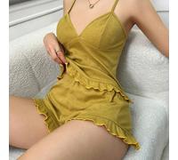 Set pigiama da donna con top a canotta con volant e pantaloncini corti, tinta unita, per il relax e la stagione delle vacanze L,M,S,XL,XSColore unicoTessuto in maglia