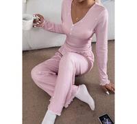 Set pigiama da donna con top a maniche lunghe e pantaloni, con scollo a V, decorazione a bottoni e stampa a cuori, abbigliamento invernale L,M,S,XLColore unicoMaglia a coste