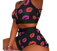 Set pigiama da donna elegante crop top e pantaloncini per uso quotidiano, design con orlo arricciato per notti confortevoli (XL labbra nere)