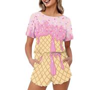 Set pigiama da donna, estivo, con pantaloncini e maglietta, motivo mucca delle Highland, 4XL, Gelato, M