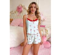 Set pigiama da donna in 2 pezzi, con scollo a V, con bordo in pizzo, morbido e a costine, pantaloncini