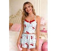 Set pigiama da donna in 2 pezzi, con scollo a V, con bordo in pizzo, morbido e a costine, pantaloncini