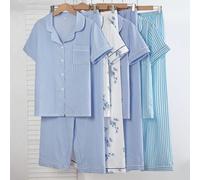 Set pigiama da donna in 4 pezzi della serie blu neonato, con colletto alla coreana, maniche corte, pantaloni, a righe e con motivi floreali, dettagli eleganti e confortevoli L,M,S,XLTessuto intrecciat