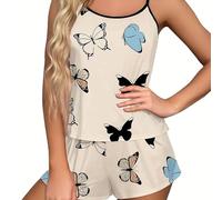 Set pigiama da donna in cotone a maniche corte, biancheria da notte da notte, set da salotto pantaloncini, camicia da notte con stampa a farfalla, camicie da notte carine dolci casual comode camicie