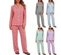 Set pigiama da donna in cotone, a quadretti, con bottoni e scollo a V | Pigiama da donna in cotone, camicia a maniche lunghe a quadri e pantaloni a gamba larga, set da 2 pezzi